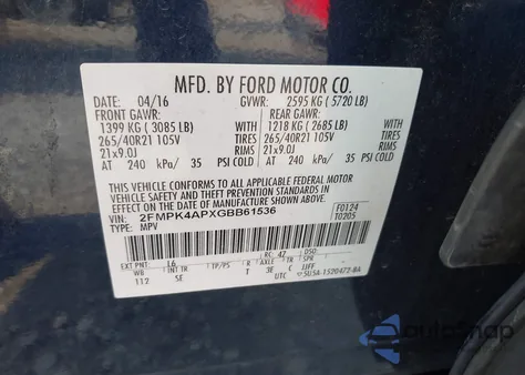 2016 Ford Edge Sport из США, поврежденный, VIN 2FMPK4APXGBB61536